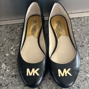 Michael Kors Black Leather Ballet Flats with Gold MK Logo